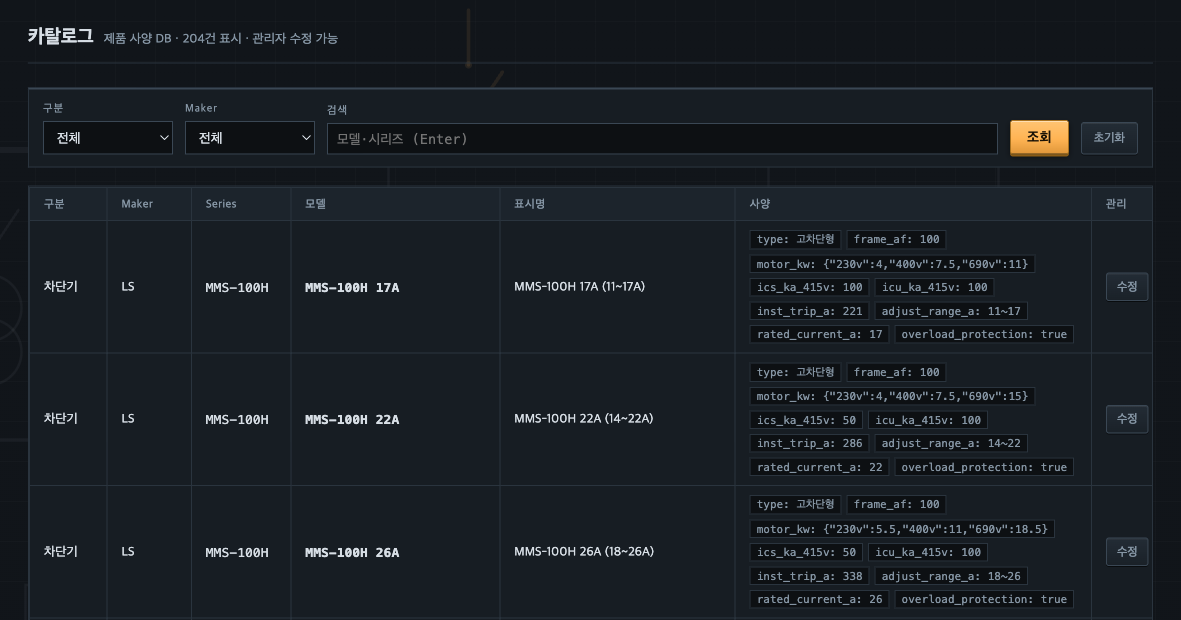 부품 Database · 204건